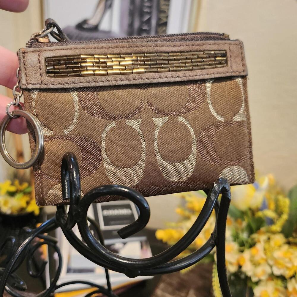 Coach brown signature "C" jacquard mini skinny keychain coin purse